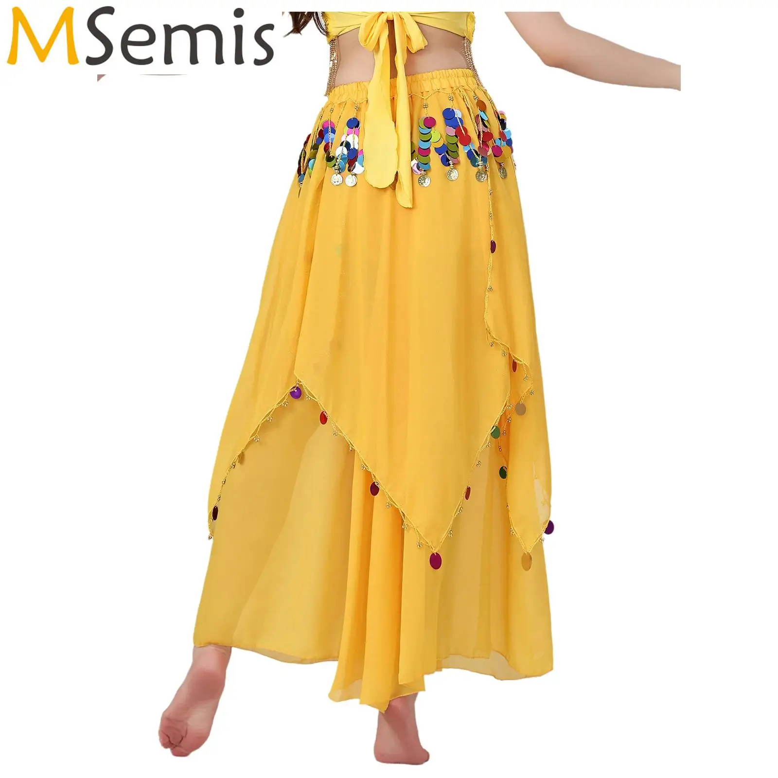 Womens Indian Folk Belly Dance Performance Costume Chiffon Skirt Glittery Sequin Tassel Irregular Hem Long Skirt Dancewear