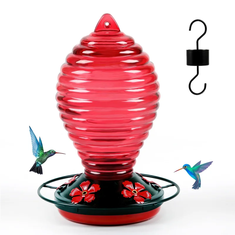 

ABRS-Glass Hummingbird Feeder, Red Hummingbird Feeders For Outdoors Hanging, 29 Ounces, Cute Spiral Shape Bottle