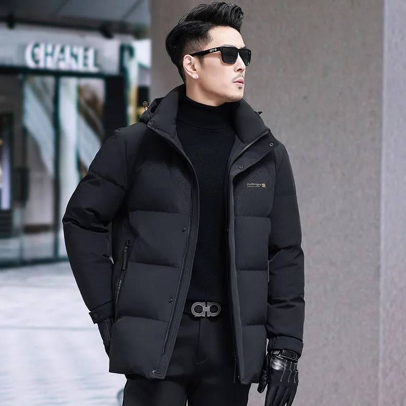 Men's down jacket, white duck down filling, autumn and winter solid color hooded simple fashion casual warm jacket