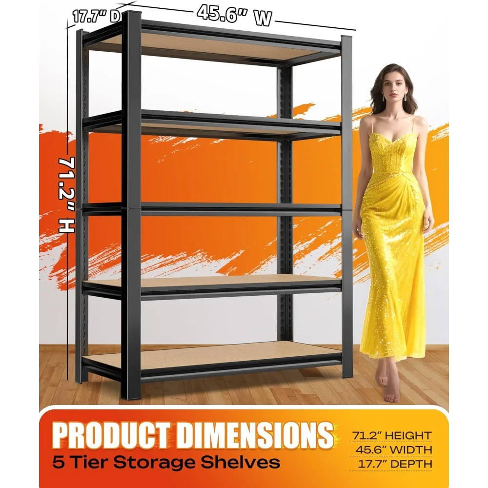 أرفف تخزين معدنية قابلة للتعديل من 5 طبقات شديدة التحمل للمنزل، وحدة رفوف جراج واسعة 45.6، سعة قوية 2500 رطل #2