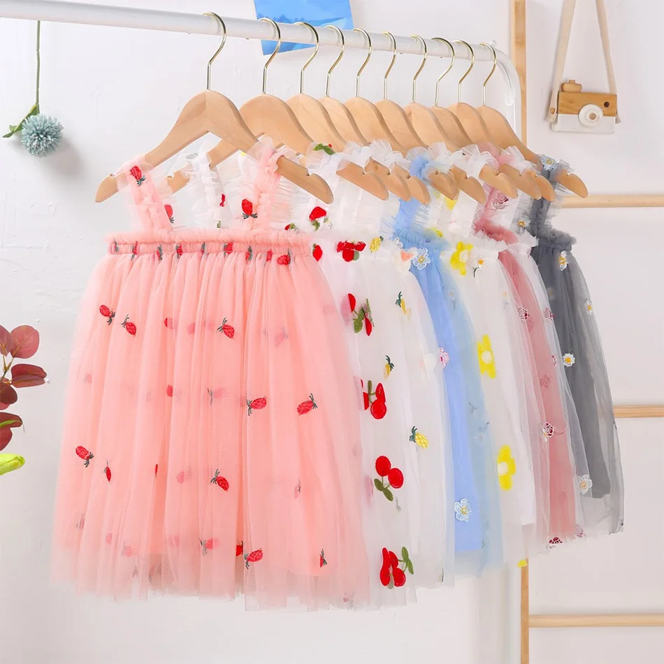 1-6 Years Children Clothes Kids Princess Beach Dress Baby Straps Skirt Girls Daisy Embroidery Sundress Floral Summer Dress