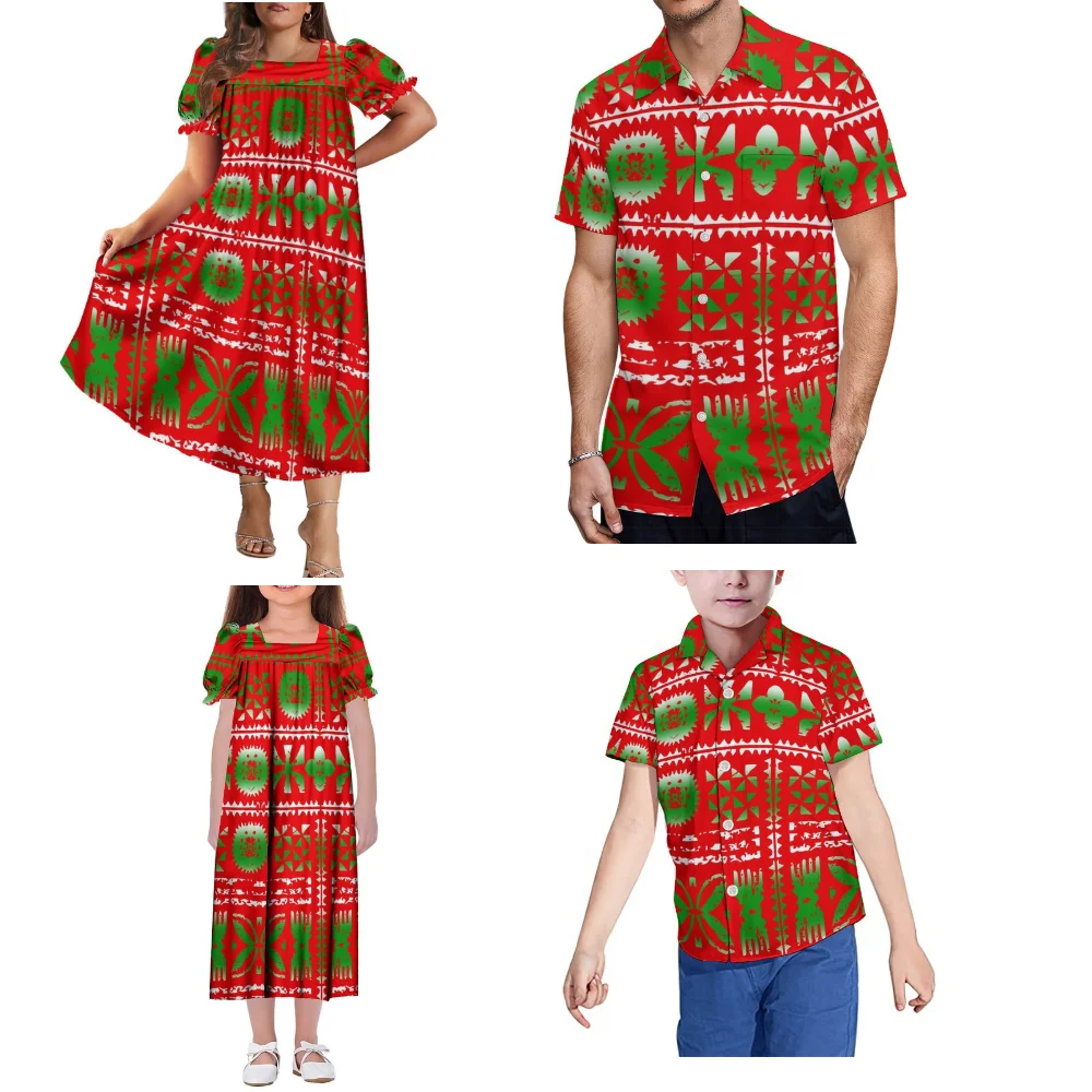 Micronesia Island Tonga conjunto familiar fiesta de Navidad Mumu mujeres vestido de manga abombada hombres playa fiesta Aloha camisa estilo étnico