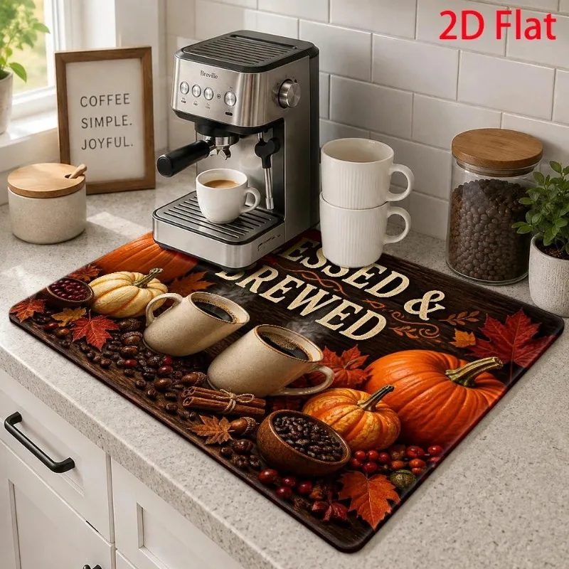 Drying Mat Dish Blessed Brewed Lettering Cinnamon Stick Countertop Guard Brown Fall Coffee Pad