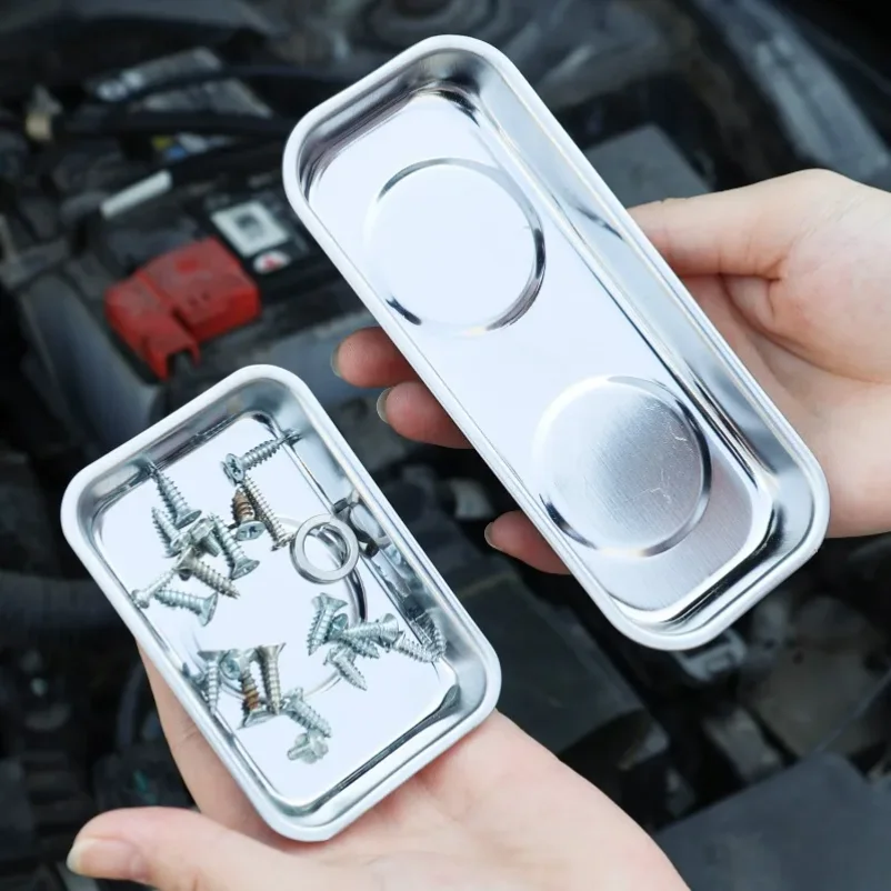 2/1 Buah Baki Magnetik Baja Tahan Karat Bagian Magnetik Baki Bulat dan Persegi Panjang Kunci Sekrup Aksesori Perangkat Keras Pengatur