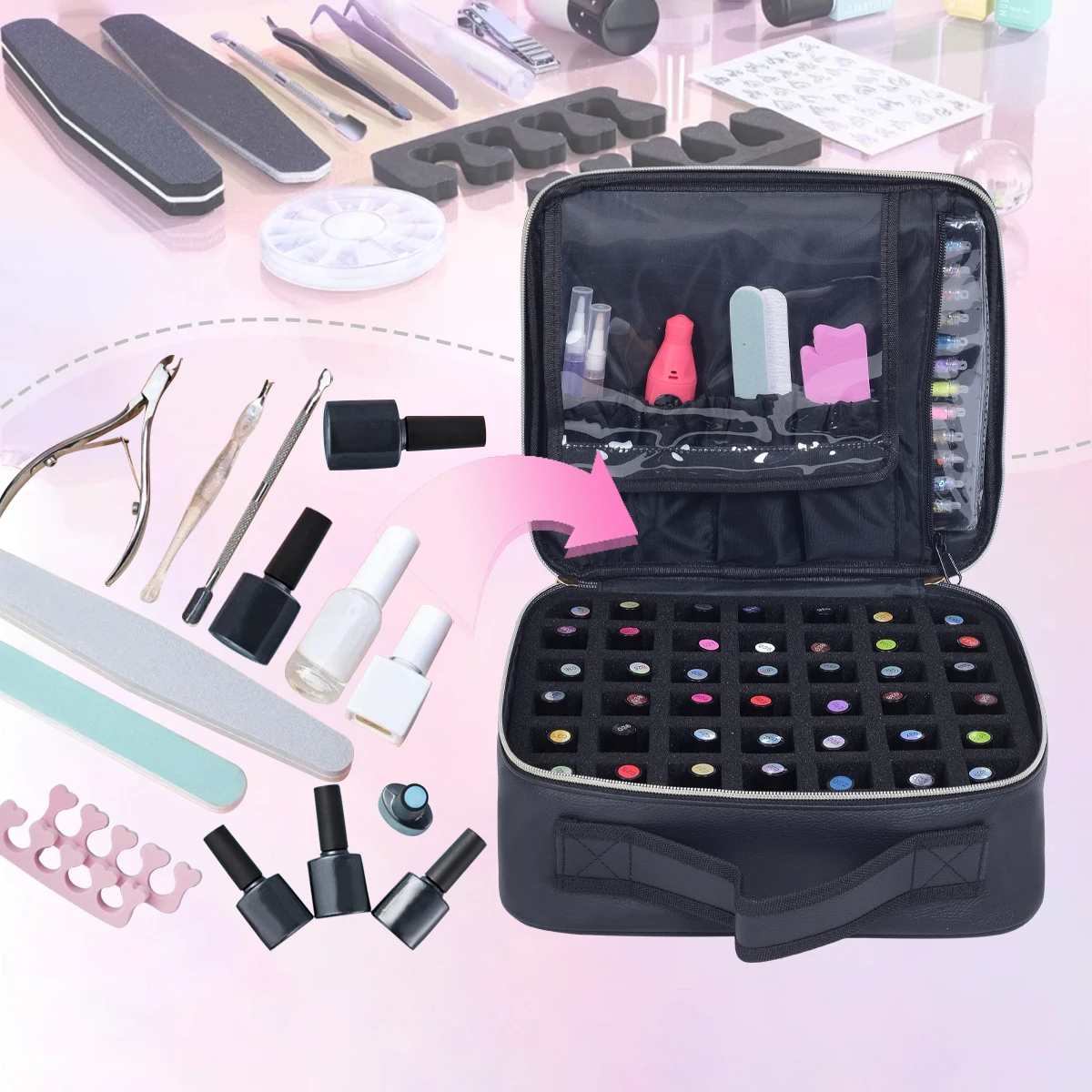 UOZL 42-Flaschen-Nagellack-Organizer, Hand-Nagellack-Aufbewahrungstasche aus PU-Leder, geeignet für Nagelkunstliebhaber und Maniküristen – Detail 3