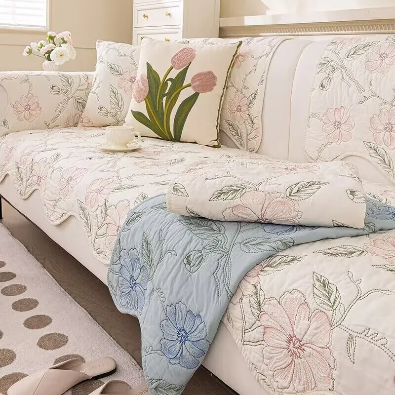 Non-Slip Washed Cotton Sofa Cushion Pad Embroidered Floral Universal Irregular Edged Sofa Seat Dustproof Armrest&Backrest Covers