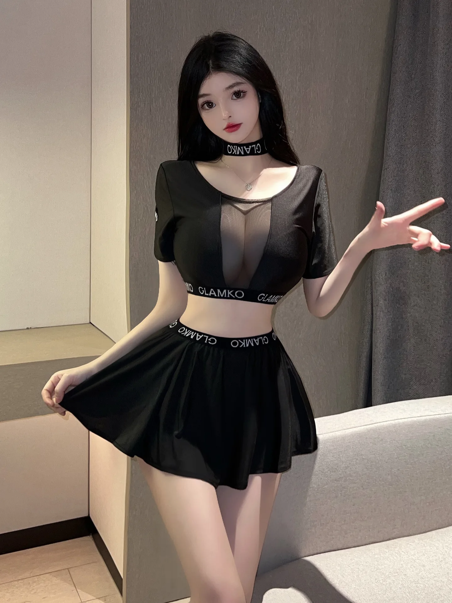 Sweet Black Perspective Short Sleeve Pleated Skirt Sets College Student Stage Cheerleading Two Piece Outfits For Women Summer 2Q