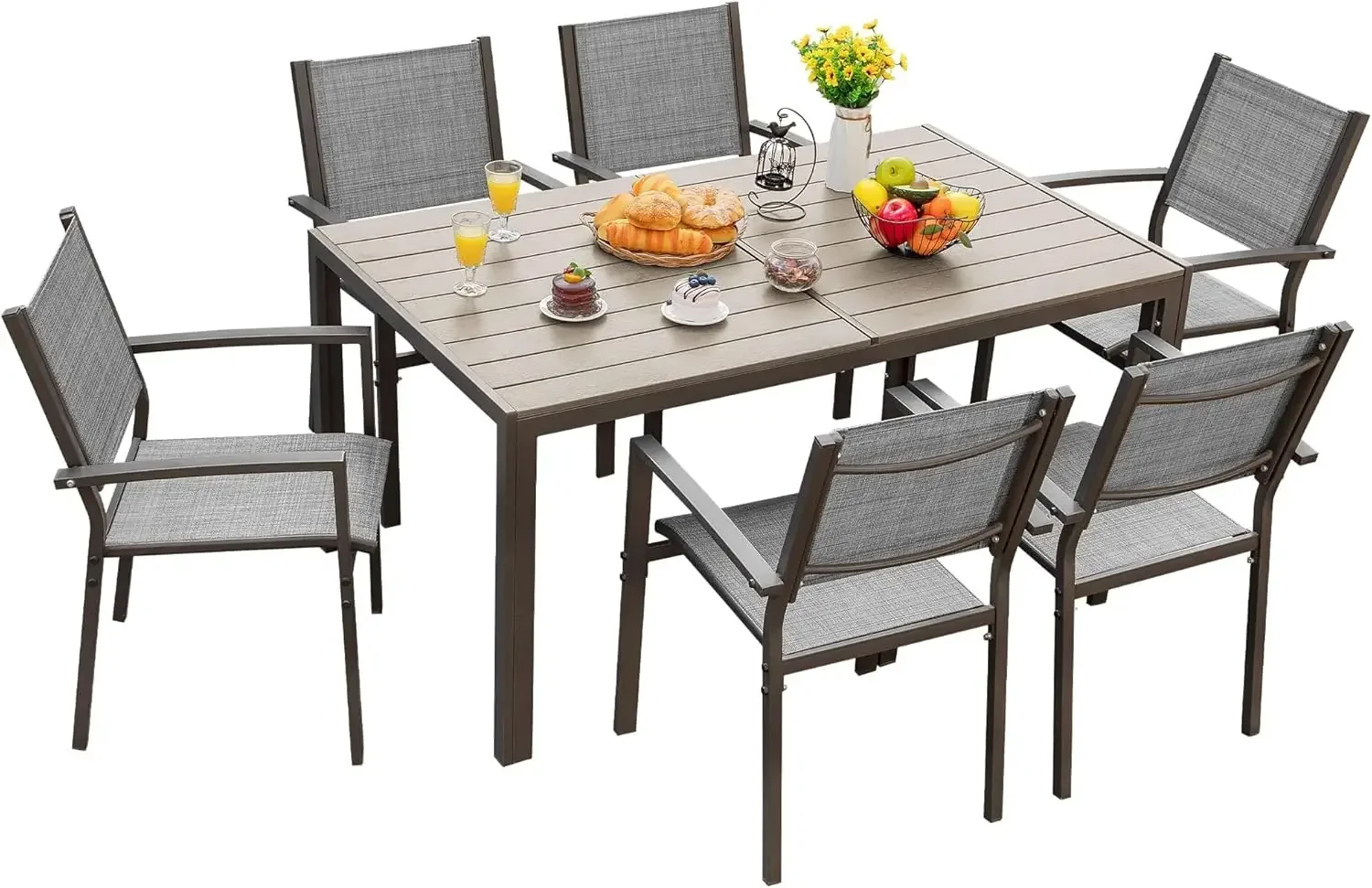 Patio Dining Set 7 Piece Metal Frame Outdoor Furniture with 6 Textilene Chairs and Rectangular Table Family Conversation Set