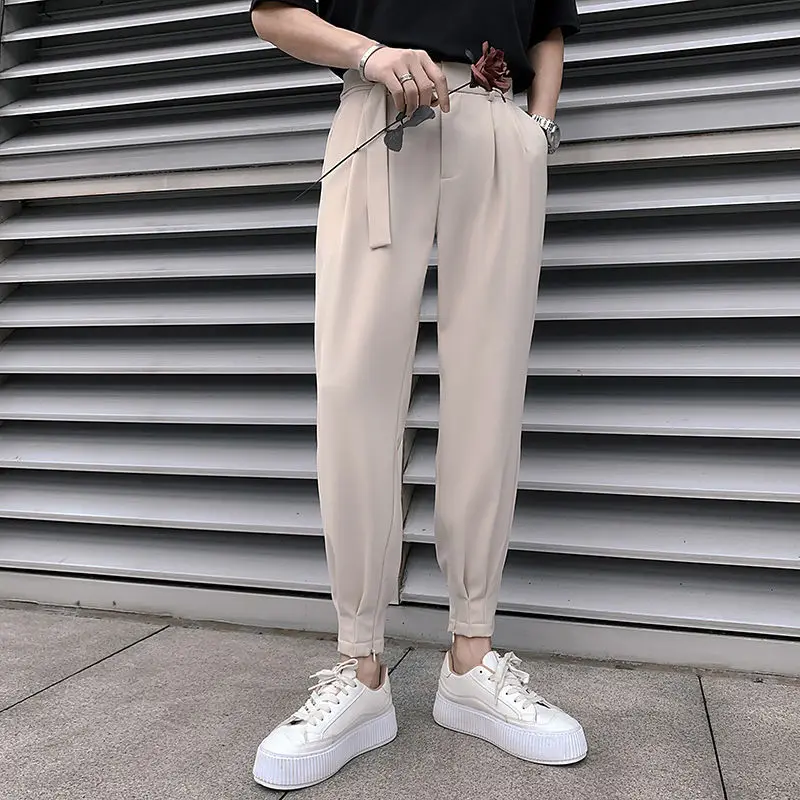 Harlan Trousers for Men Plus Big Size White Pleated with Belt 9 Cropped Elegant Up Stylish Man Suits Pants Korean Style Clothes