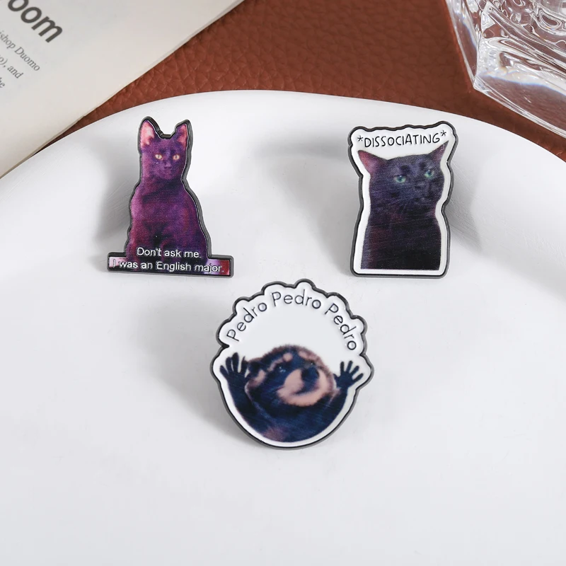 Dissociating Zoning Out Black Cat Enamel Pin Pedro Raccoon Funny Animal Quote Brooches Lapel Badge Jewelry Gifts for Friends
