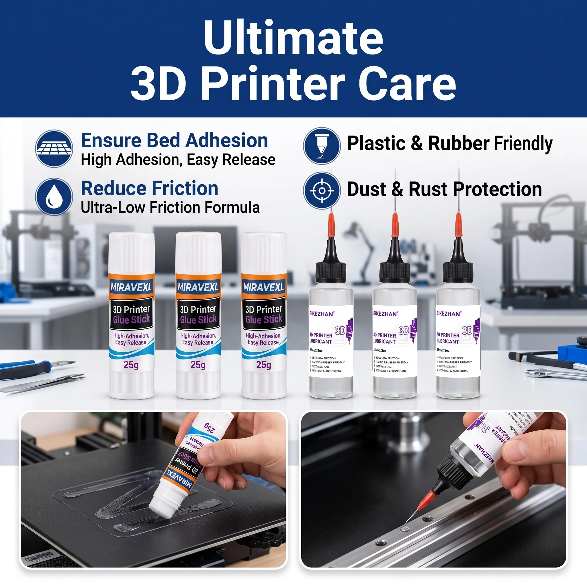 3D Printer Maintenance Kit: Bed Glue Stick 25g & PTFE Lubricating Oil 65ml Strong Adhesion & Smooth Z-Axis Lube for Ender 3 FDM