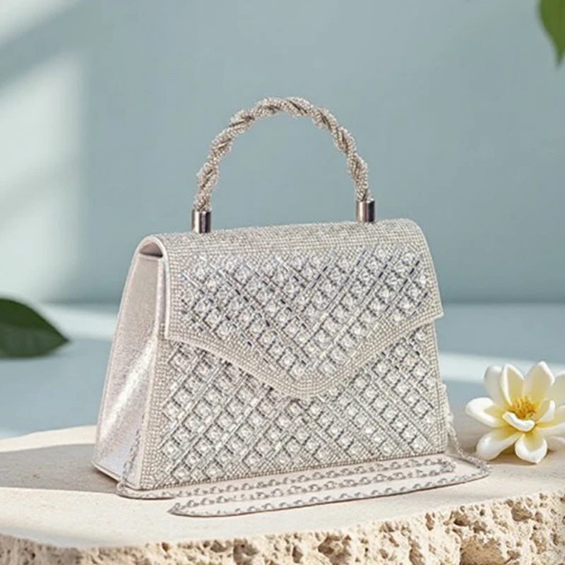 Luxury Sparkling Full Diamond Clutch Bag Banquet Bag Women's Shiny Rhinestone Handbag Beaded Filigree Chain Elegant Evening Bag