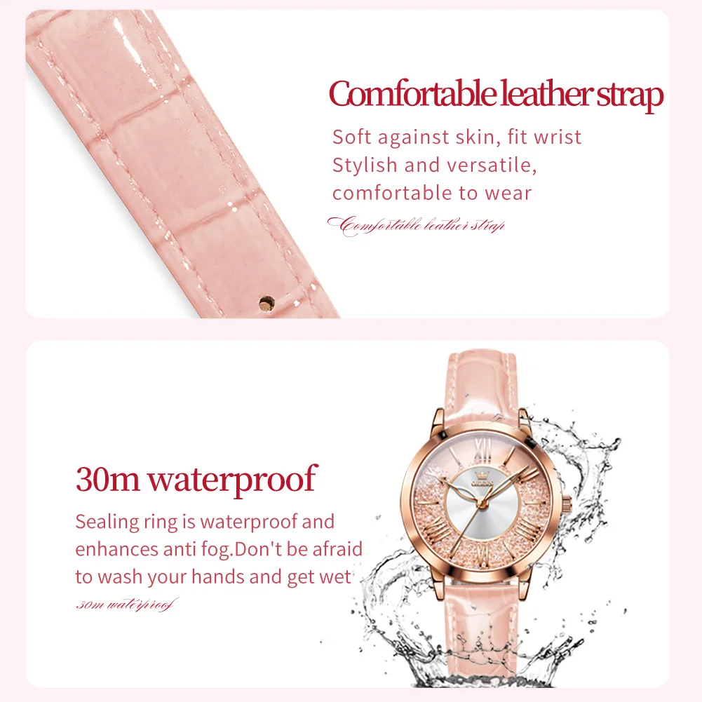 OLEVS 5539 Quartz Watch Woman Flowing Crystal Design Roman Numeral Scale Ladies Wristwatch Leather Strap Waterproof Womens Watch