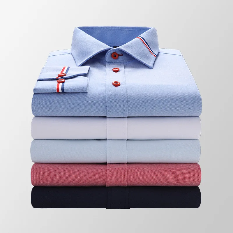 Camicia casual a righe Oxford a maniche lunghe da uomo di qualità Toppa frontale Camicie da lavoro spesse con colletto abbottonato vestibilità regolare