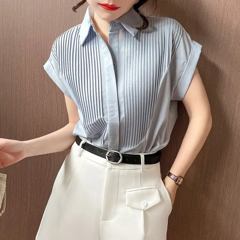 Summer Loose Casual Original Design Fashion Youthful Wind Short Sleeve Shirt High-end Elegant Fold Popular Lady Chiffon Shirt