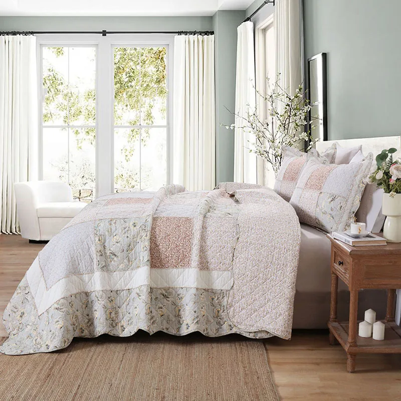 100% Cotton Patchwork Quilted Bedspread Set 3PCS - Summer Lightweight Quilt & Breathable Bed Sheet for Seasonal Home Decor