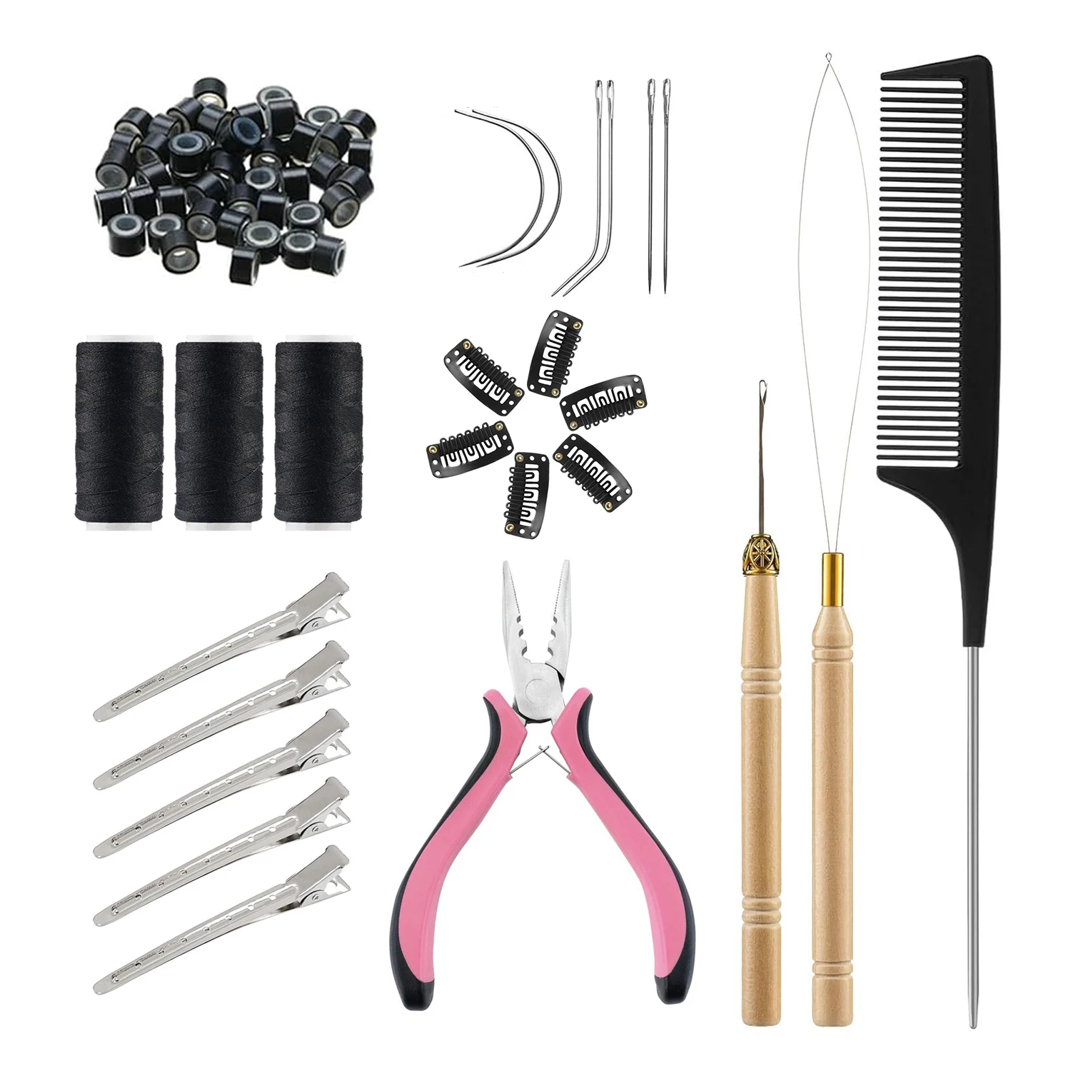 Hair Extension Tool Kit: 200Pcs Silicone Lined Micro Links Beads,Three Hole Hair Pliers,Loop Needle Threader,Pulling Hook Needle