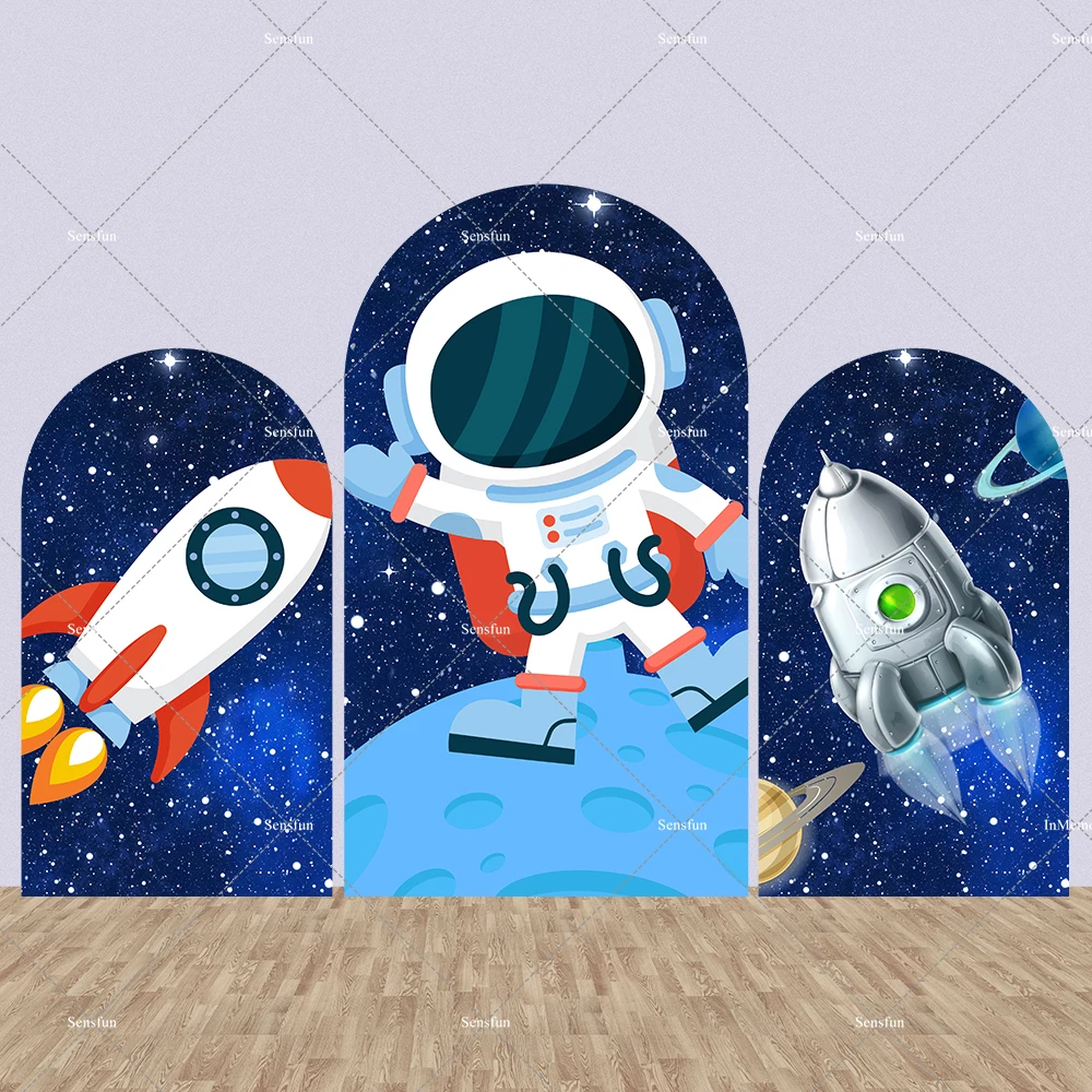 

Universe Space Planet Astronaut Arch Backdrop Cover for Baby Boy Birthday Party Decor Starry Sky Photo Background Table Banner