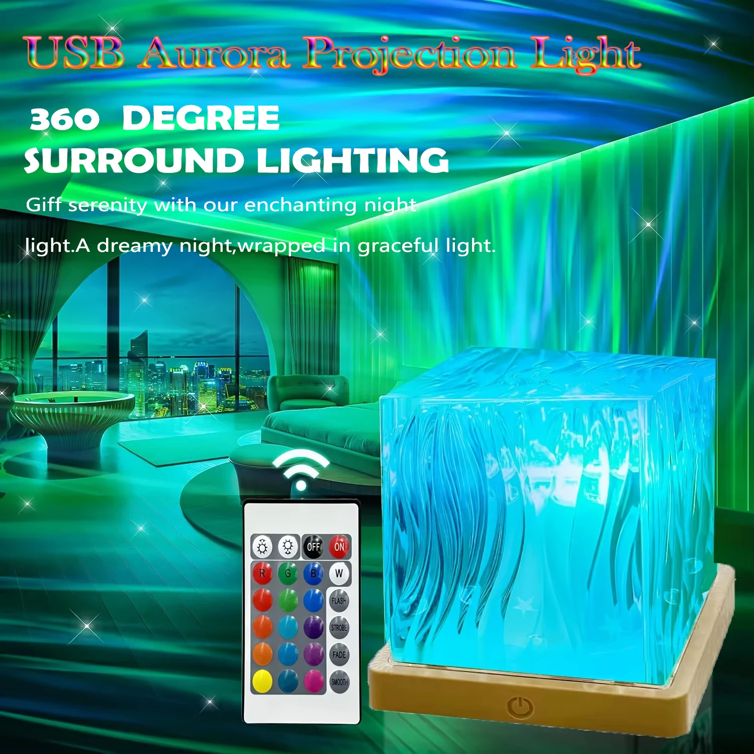 Lámpara de proyección LED Aurora Borealis de 16 colores, luz nocturna alimentada por USB remota, regalo de cumpleaños creativo, decoración para dormitorio y restaurante
