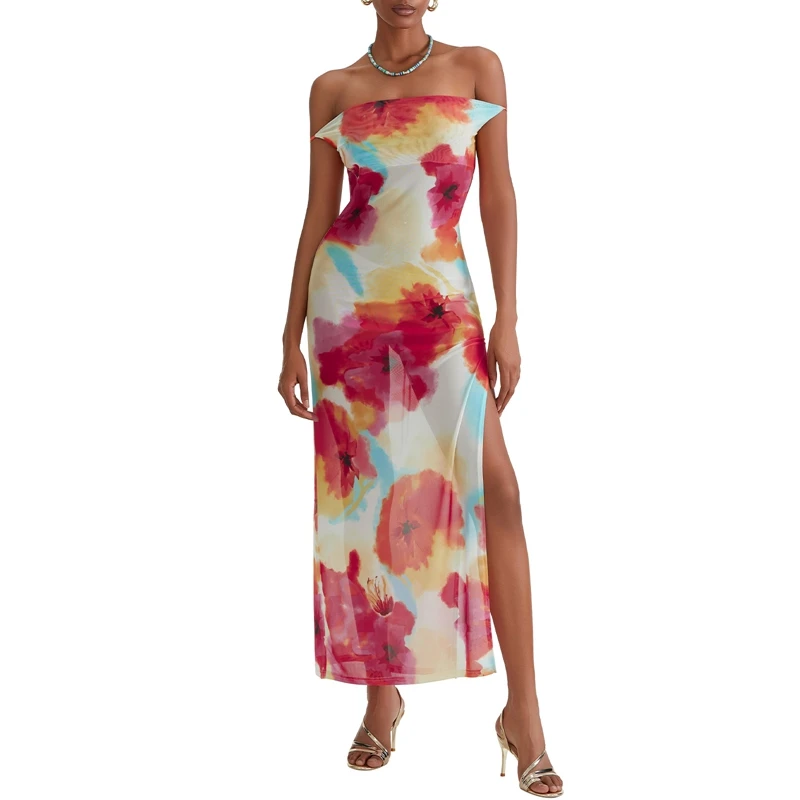 Vestido largo de verano con espalda descubierta para mujer, maxivestido playero con estampado Floral bohemio, tirantes finos, corte ajustado, abertura alta