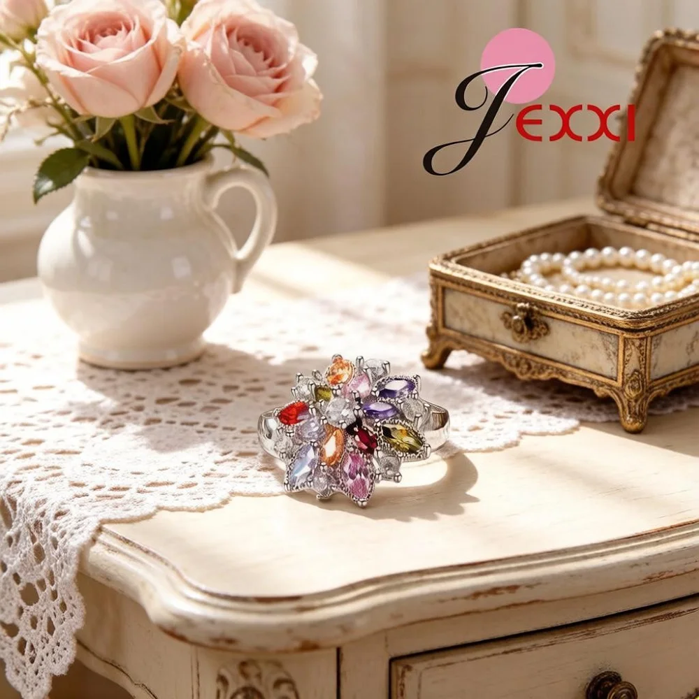 Stilvolle Fingerringe aus 925er-Sterlingsilber mit bunten Blumen, kubischem Zirkon, Kristall, für Frauen, Hochzeit, Verlobung, Party, Schmuck, Geschenke