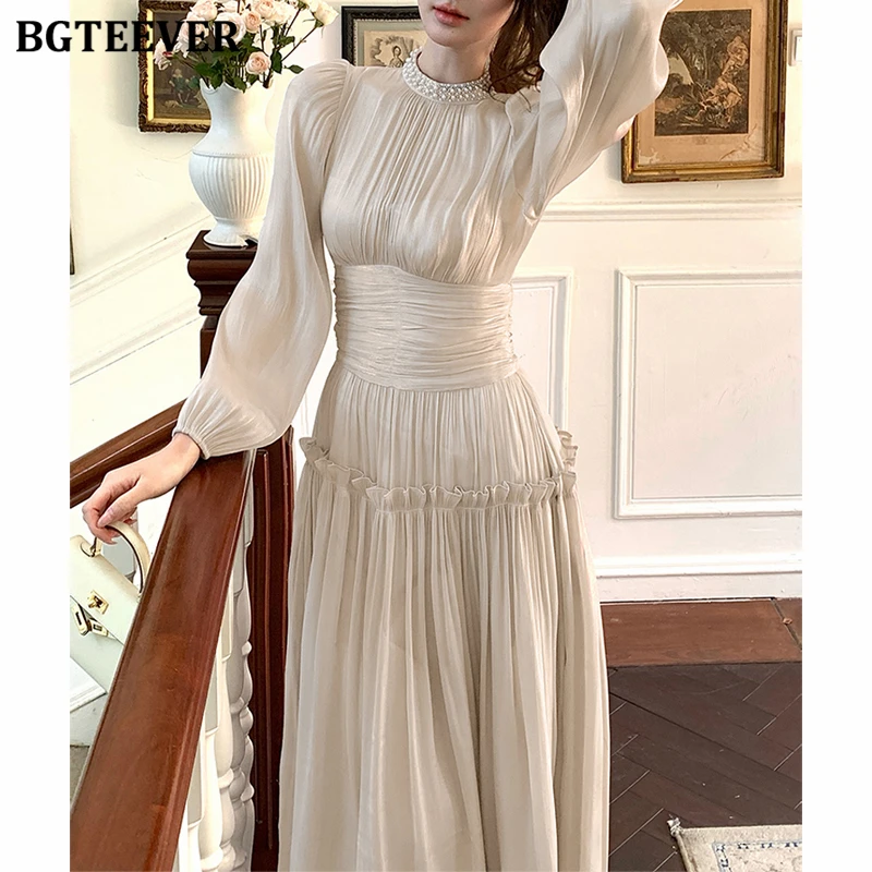 BGTEEVER Elegante Puff Sleeve Stehkragen Weibliche A-line Kleid Frühling Mode Schlanke Taille Damen Solide Mid-Länge Kleid