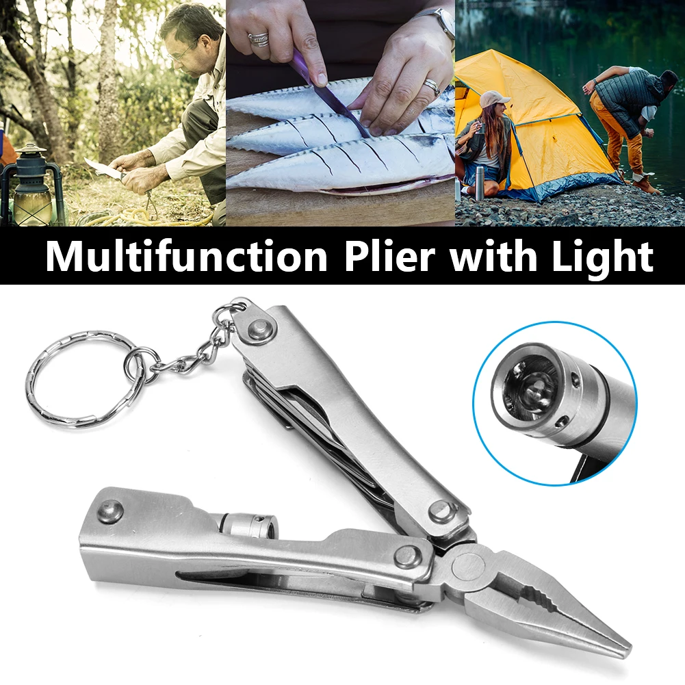 Alicate dobrável multifuncional com luz led alicate de pesca ao ar livre acampamento mini portátil de emergência multi-ferramenta alicate de faca