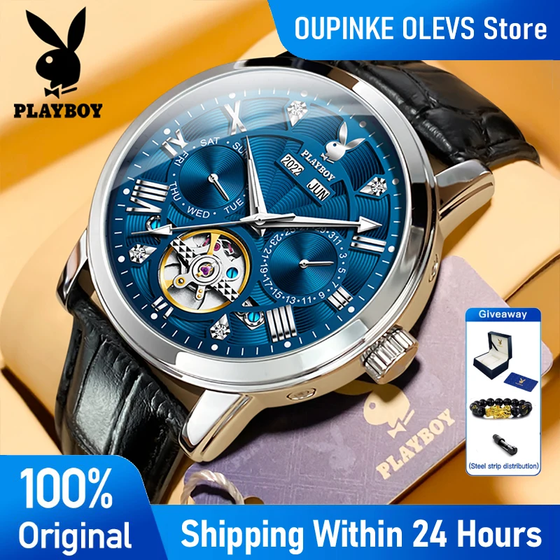 PLAYBOY 3045 Herrenuhren Automatische Mechanische Uhr mit Schwungrad Mondphase Wasserdicht Business Casual Wochentag-Datum Männeruhren