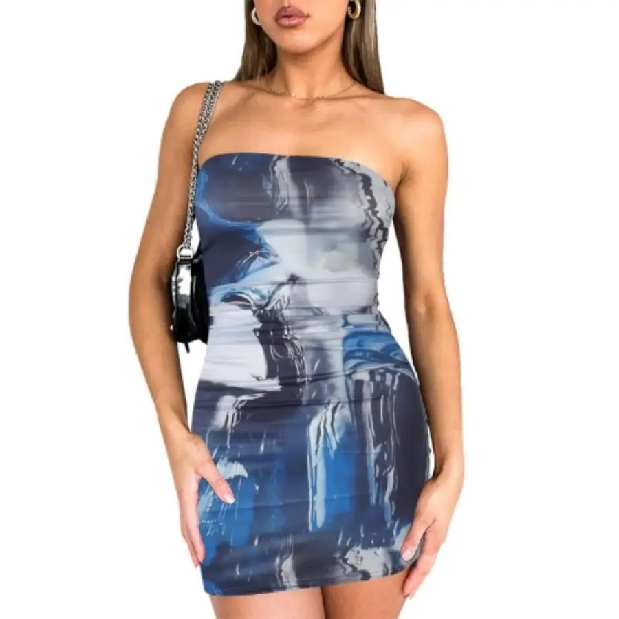 Europe and the United States women\'s spring new trend chest print pleated pullover cover buttock wrap short dress