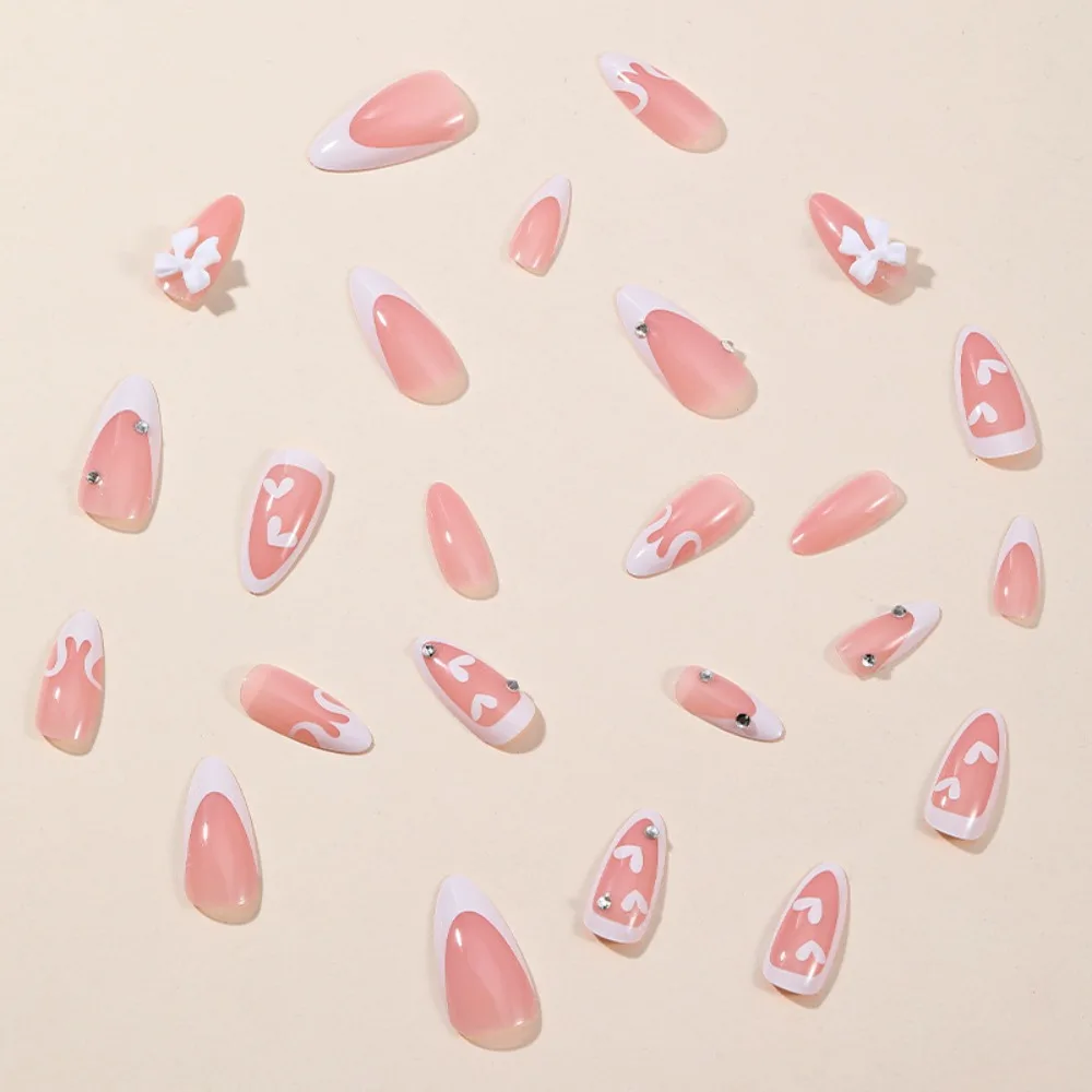 Moda wearable manicure natal francês unhas falsas amêndoa cobertura completa imprensa em unhas unhas falsas menina