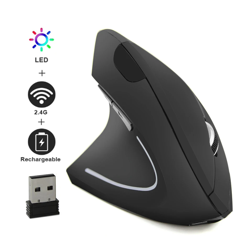 Ratón Vertical inalámbrico de mano izquierda, ergonómico, recargable, 1600DPI, ratón óptico silencioso para oficina con RGB para ordenador portátil