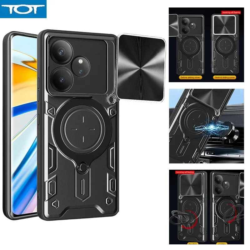 

For Realme GT6 GT 6T Neo 6 Neo6 SE Case Slide Lens Protect Phone Case For Realme GT Neo6SE Armor Magnetic Holder Ring Back Cover