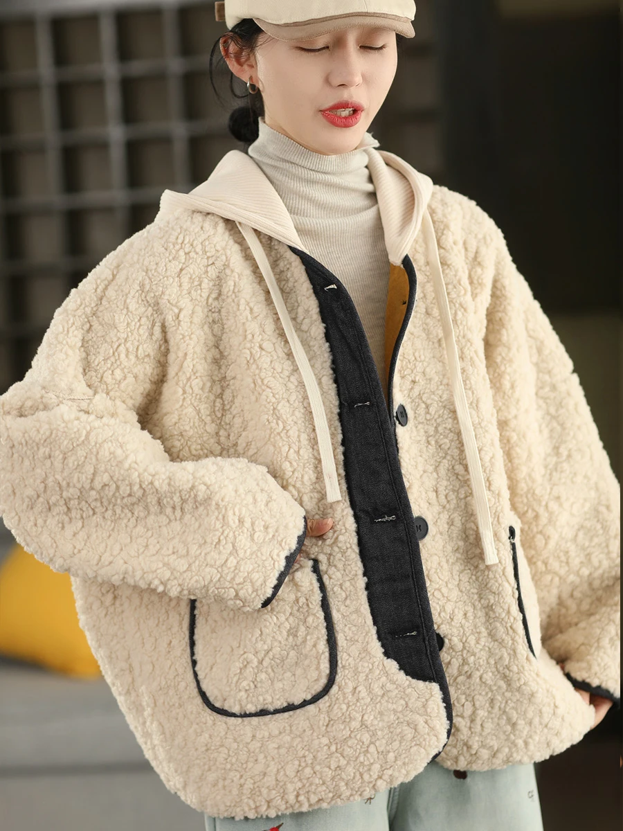 เสื้อโค้ทหนังแกะกำมะหยี่มีฮู้ดสำหรับผู้หญิง แฟชั่น ซับในหนังกลับ อุ่นสบาย เสื้อคลุมฤดูหนาว หนังและขนสัตว์