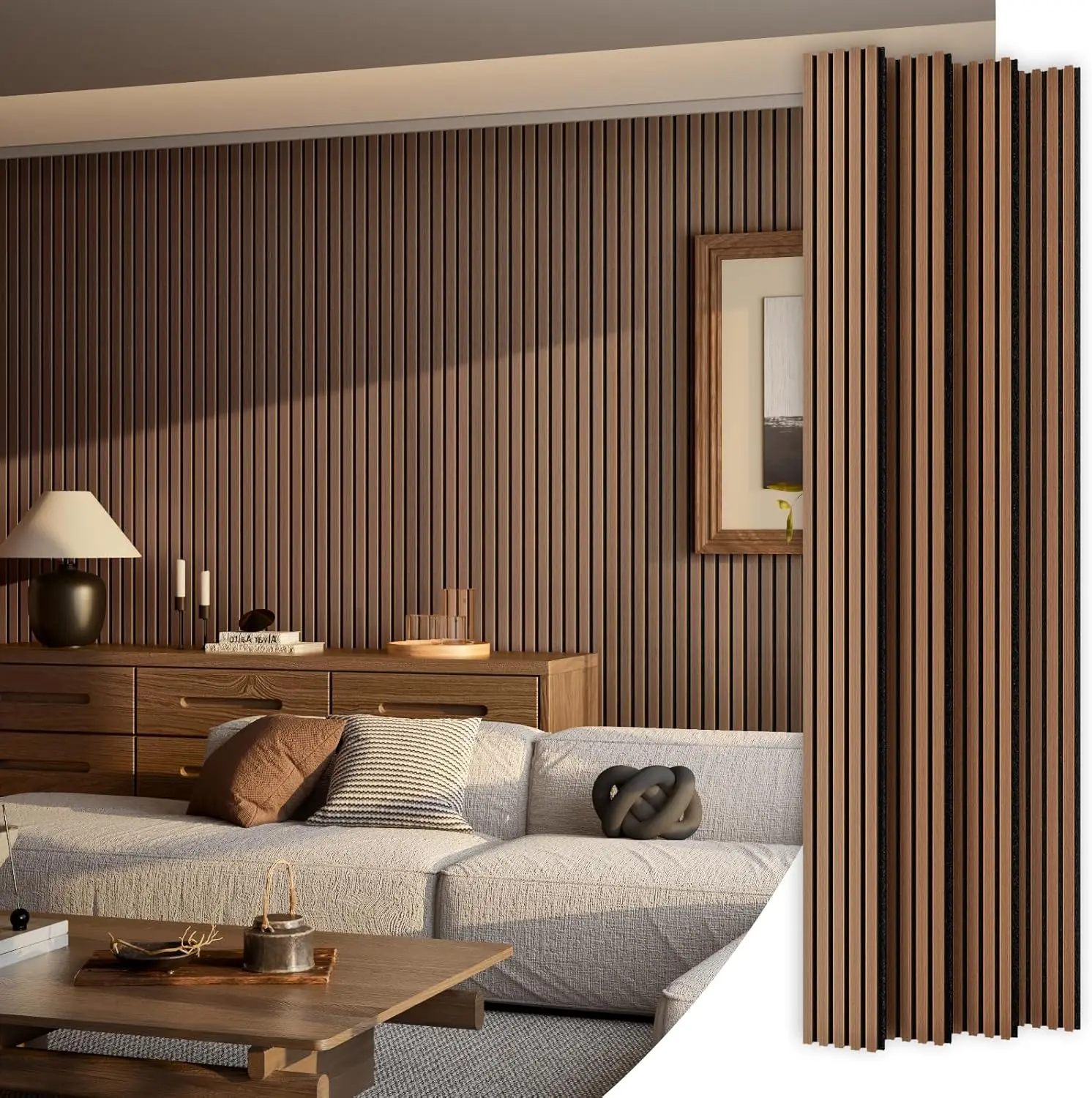 

4-панельная деревянная акустическая панель 94" x 8", звукопоглощающая, цвет орех, для декора стен в гостиной и спальне