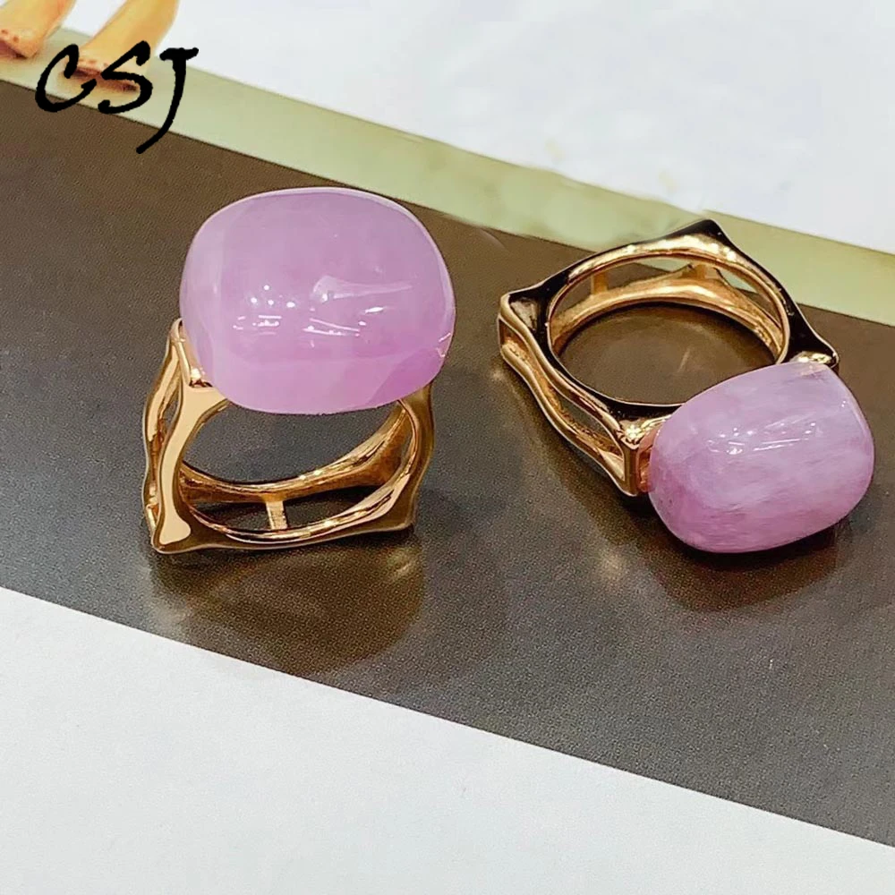 

CSJ New Natural Kunzite Adjustable Ring Sterling 925 Silver Big Stone Fine Jewelry for Women Girl Party Birthday Elegant Gift