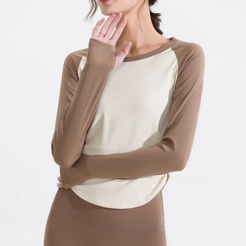 

Pleated contrasting color yoga clothes long-sleeved t-shirt women, breathable running skipping rope sports top quick-drying fitn