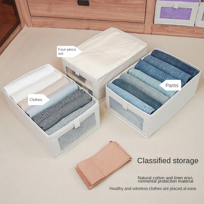 5Pcs Visual Window Cotton Linen Storage Box Wardrobe Pants Clothing Storage Organization Box Foldable Fabric Storage Box