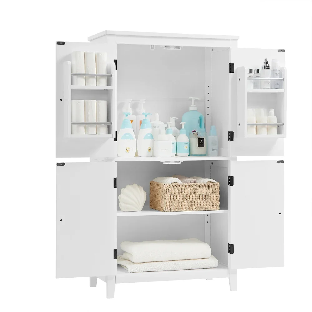 Elegant Bathroom Floor Storage Cabinet, Bathroom Storage Unit Freestanding Cabinet 4 Doors Adjustable Shelves Adaptable Shelves