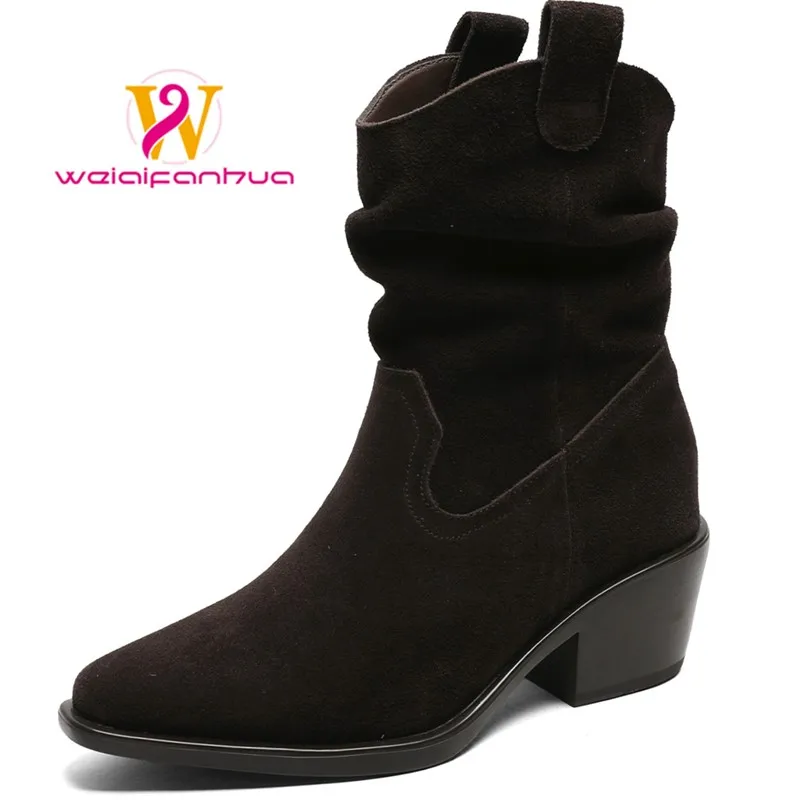 

Women's Boots 2025 Genuine Leather Mid-heel Boots, Pointed Toe, Retro Suede Women's Fashion Boots Brown Long Boots High Heels
