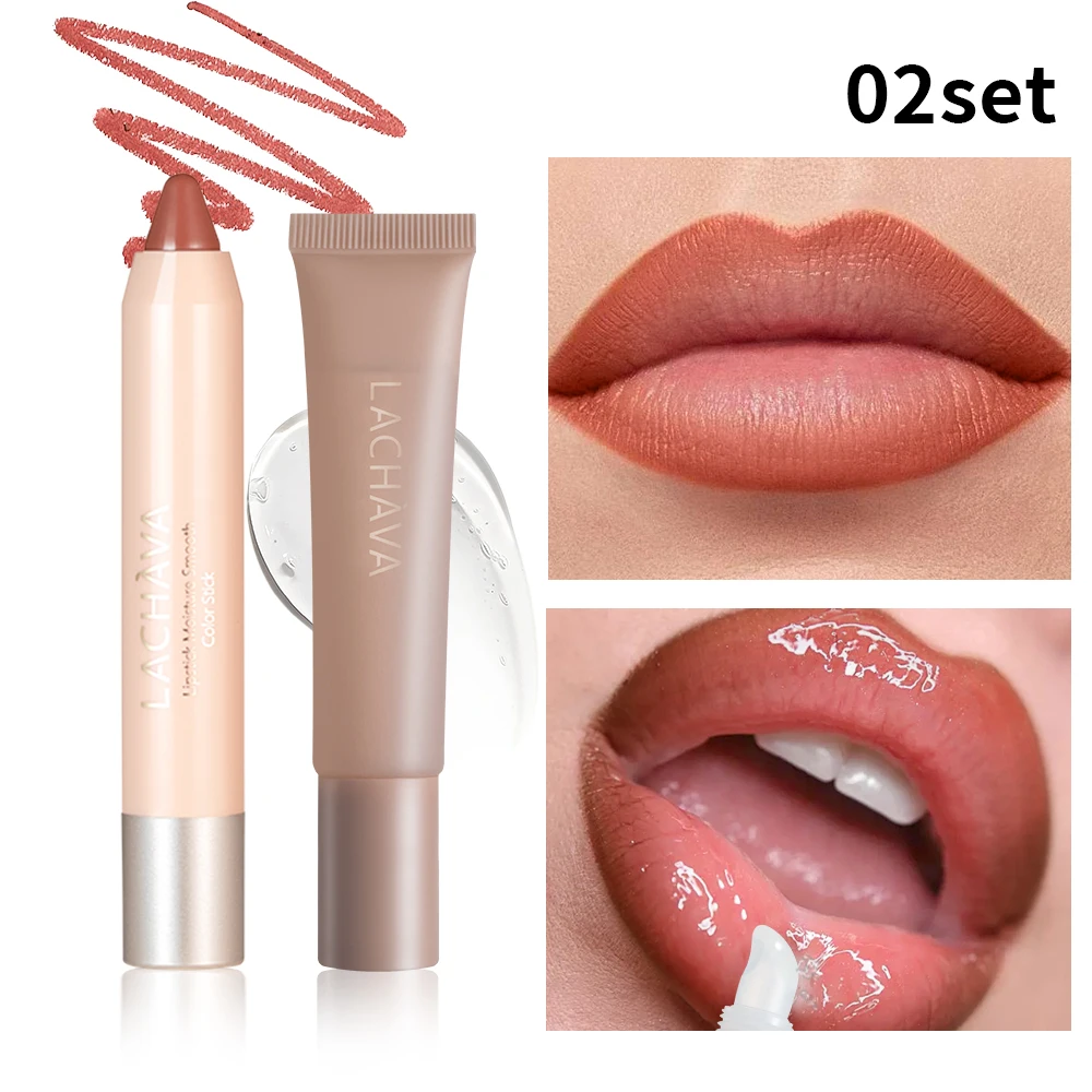 Juego combinado de brillo de labios, delineador de labios de tubo amarillo, brillo de labios hidratante, esencial para uso diario