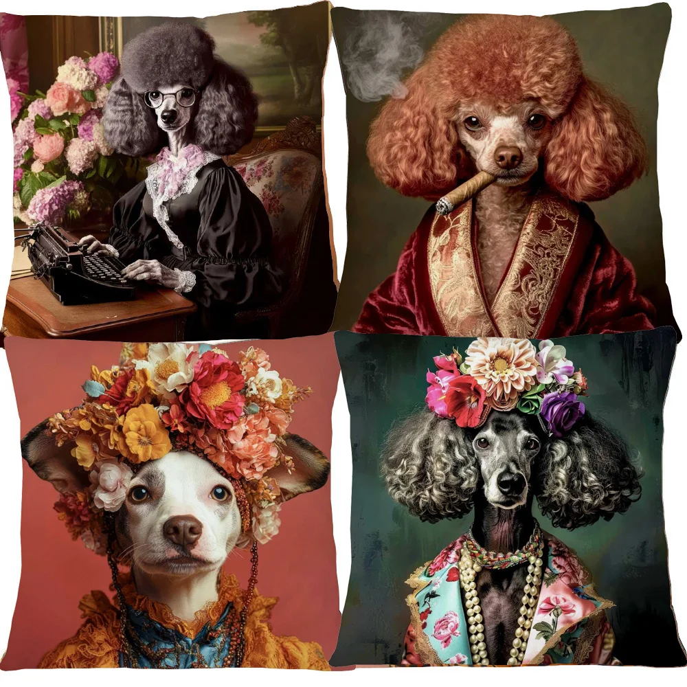 European Poodle Dog Labrador with Wreath Animals Painting Cushion Covers Pillowcase For Sofa