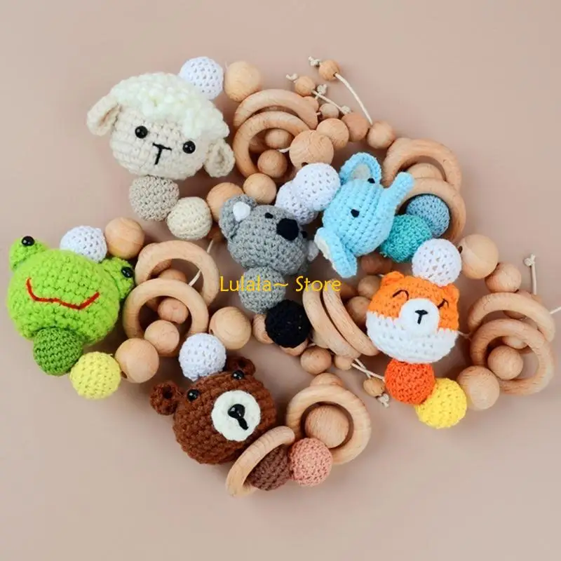Y4QA Beech Teether Crochet Animal Chewable Toy Baby Grasping Bracelet Practice Toy Infant Teeth Comfort Caring Toy