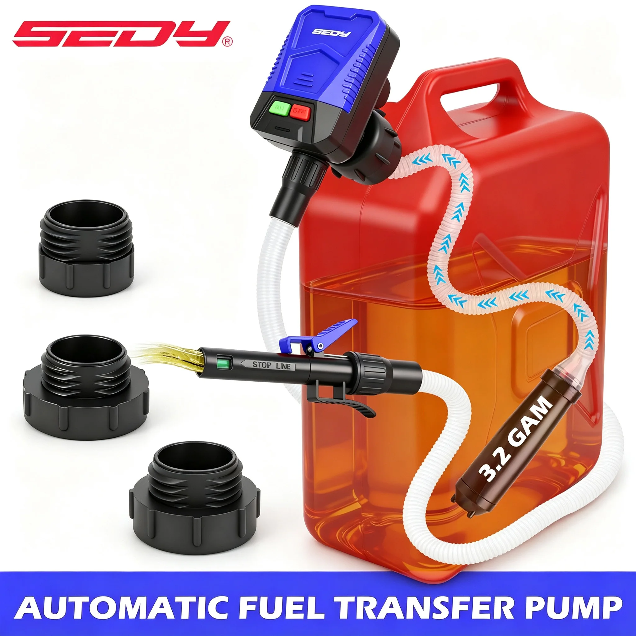 Image of SEDY Verbesserte Automatische Kraftstoff-Transferpumpe 3,2 GPM mit Auto-Stopp-Sensor, Batteriebetrieben mit 3 Kanister-Adaptern