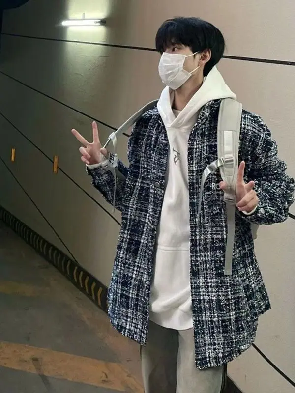 

Осенняя мужская верхняя одежда Long Sve irt в тонкую клетку Sle Trendy Brand Haome M irt High-End Sensation INS Loose Fit C...