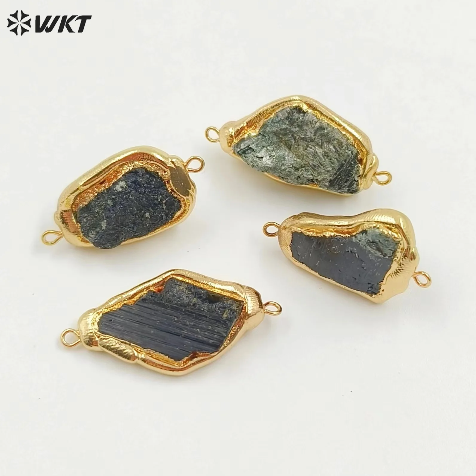 WT-C330   Pure Natural Raw Cut Black Meteorite With Gold Bezeled Gemstone Connector Pendant For Women DIY Making Accessories