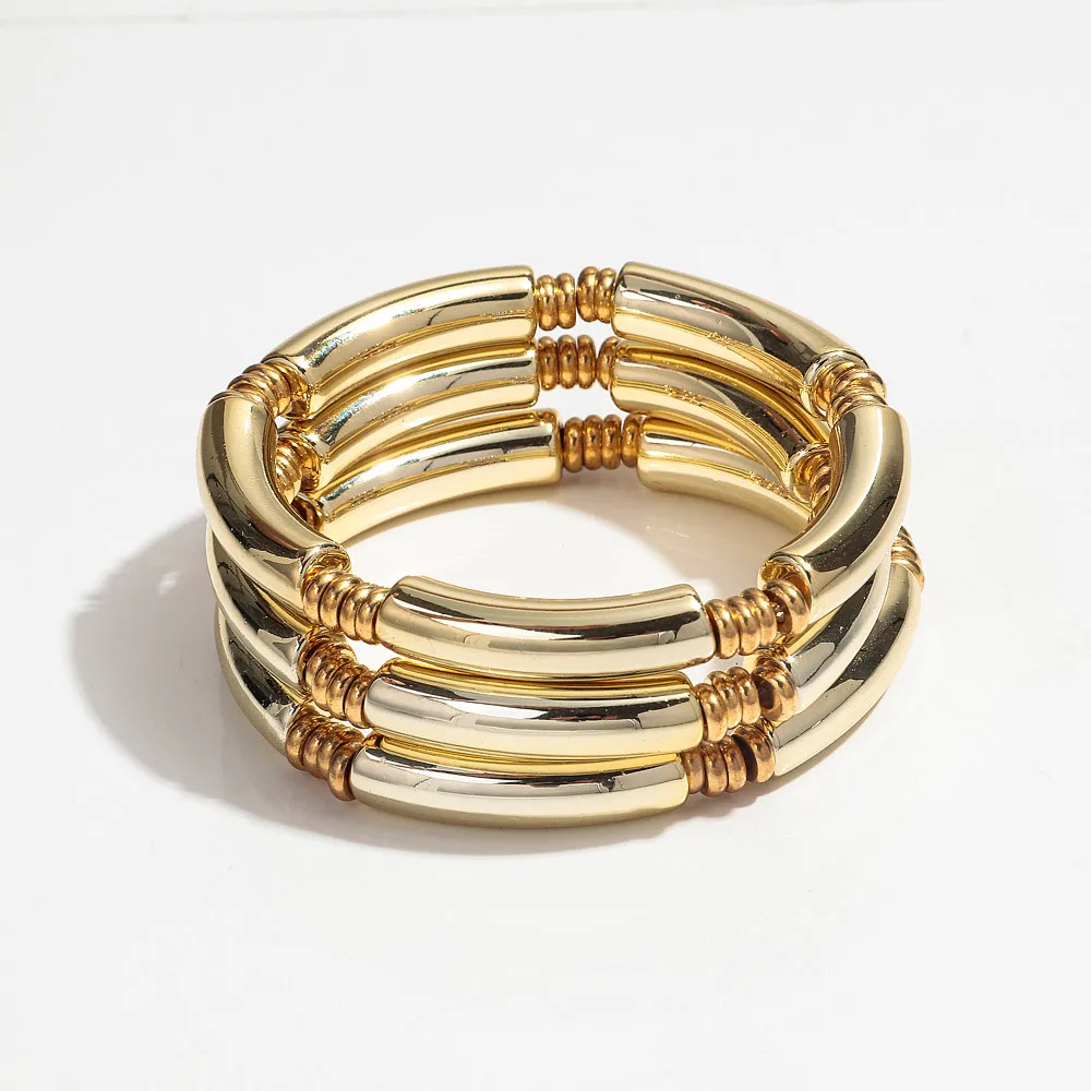 

3pcs Gold Plated Thin Bamboo Tube Acrylic Hand Bracelets for Women Man Fashion Stretch Stackable Bangles Couple Jewelry Gifts
