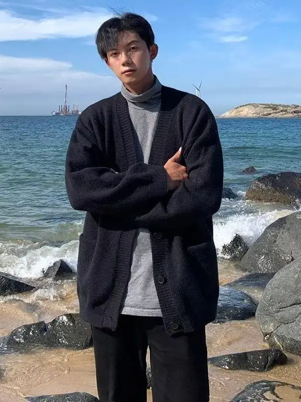 Autumn Winter Knitted Open Cardigan Outerwear Men's Lazy Style High-End Feeling OOTD Matching Korean V-neck Sweater Jacket Tr...