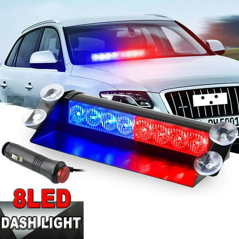 

12V Car Emergency Strobe Light Red/Blue LED Strobe 3Flash Light 8LEDs Police Warning Flashing Dash Lamp Suction Cup Road Light