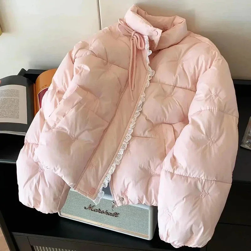 Sweet Bow Embroidery Parkas Women Winter Thick Kawaii Lace Patchwork Puffy Coats Preppy Stand Collar Bandage Cute Zipper Outwear