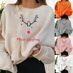 Solid Color Women Hoodies Oversize Christmas Elk Print Long Sleeve Print Sweatshirt Xmas Pullover Blouse Autumn Sweater Clothes